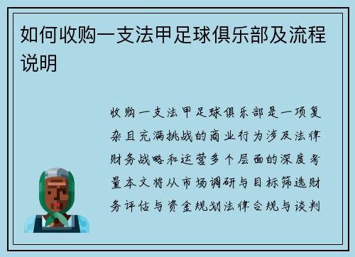 如何收购一支法甲足球俱乐部及流程说明