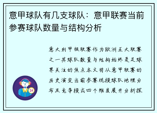 意甲球队有几支球队：意甲联赛当前参赛球队数量与结构分析